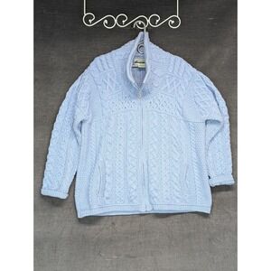 Aran Crafts Cable Knit Blue Cardigan Sweater Merino GrannyCore Cabincore XXL